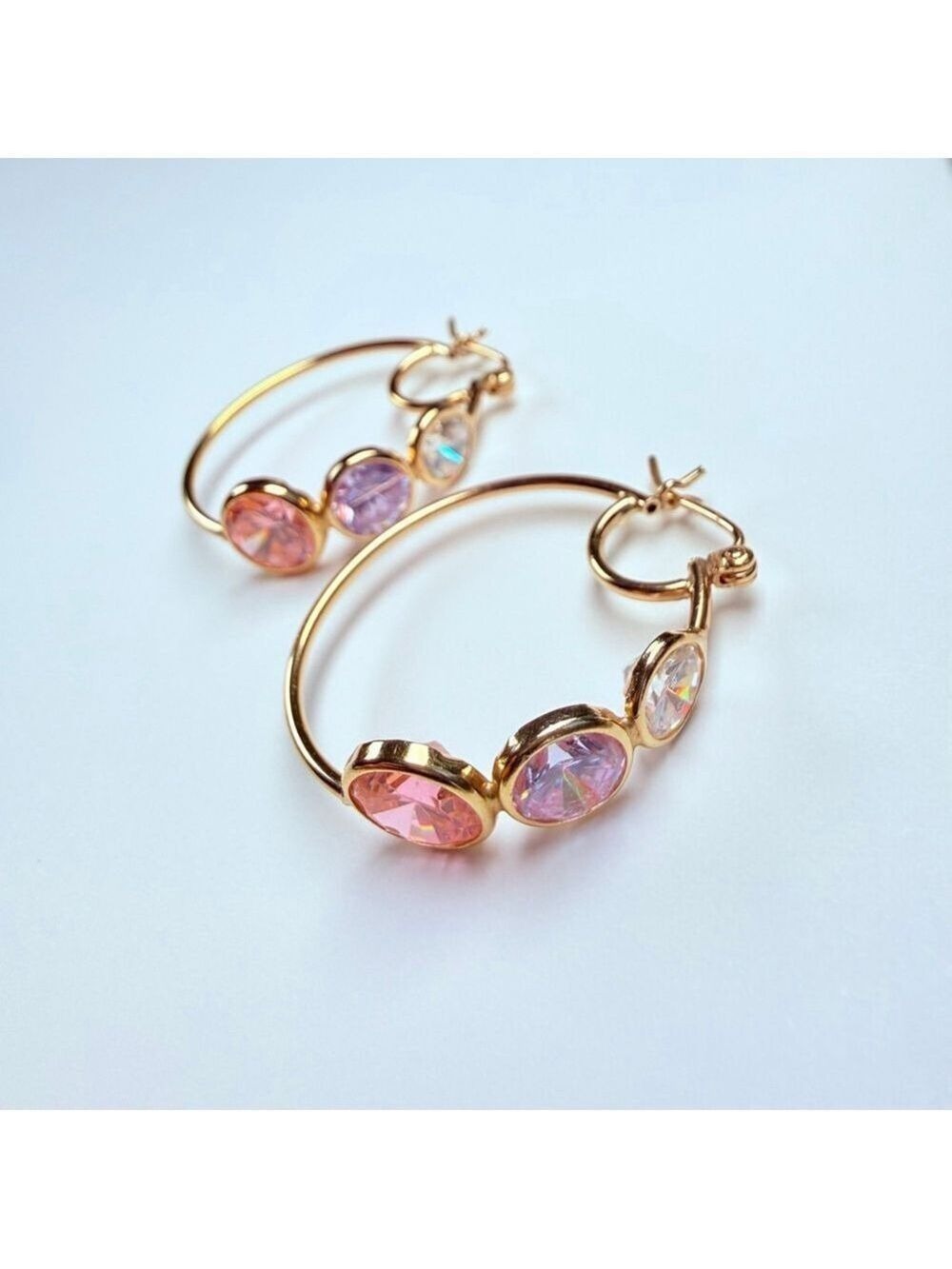 14K Solid Yellow Gold Rock Candy Gemstone Modern Hoop Earrings 28MM - Picture 12 of 13